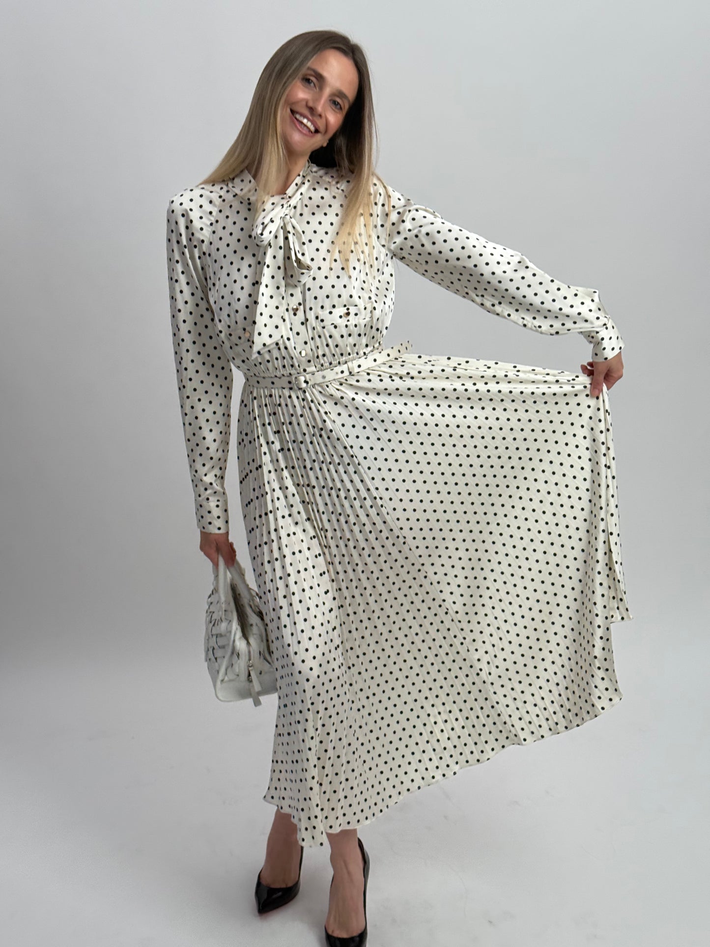 Self Portrait Polka Dot Maxi Dress with Pussy Bow Neckline & Detachable Belt - Black & White (UK 10)