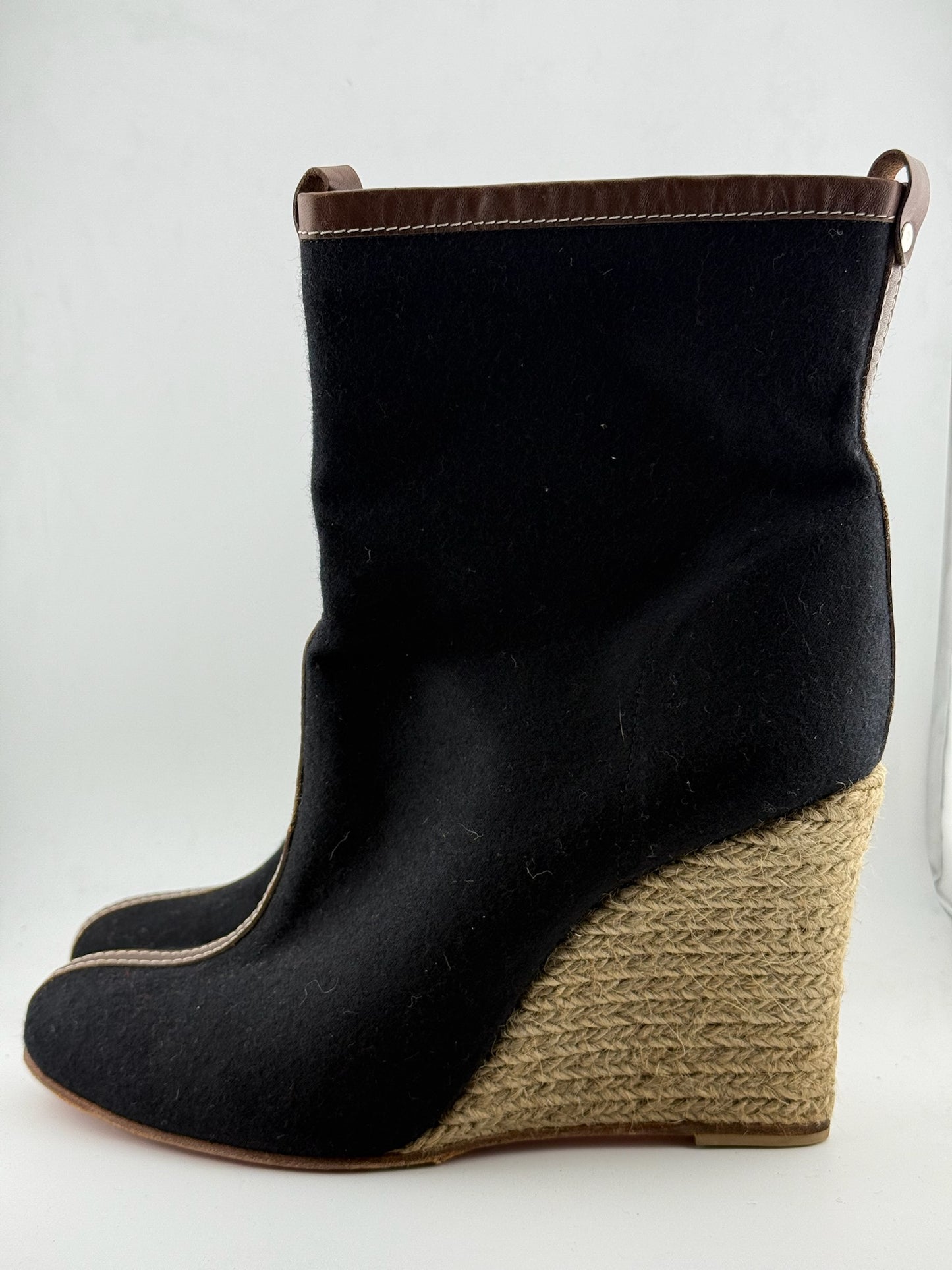 Christian Louboutin Felt Ankle Boot with Jute Wedge Heel - Black/Brown (Size 40)