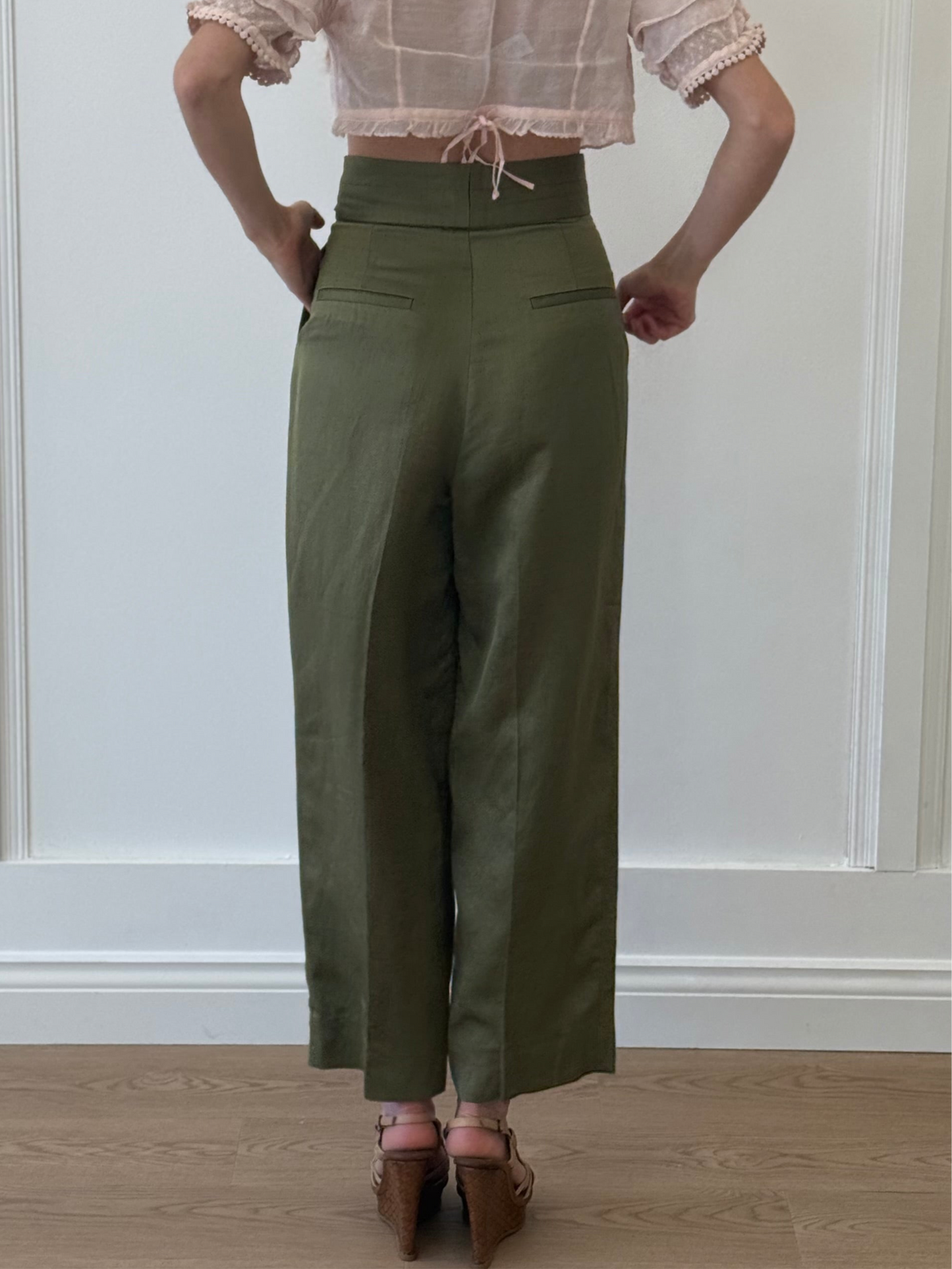 Sandro Green Barrel Leg Pants with Adjustable Belt - Khaki (Size 38)