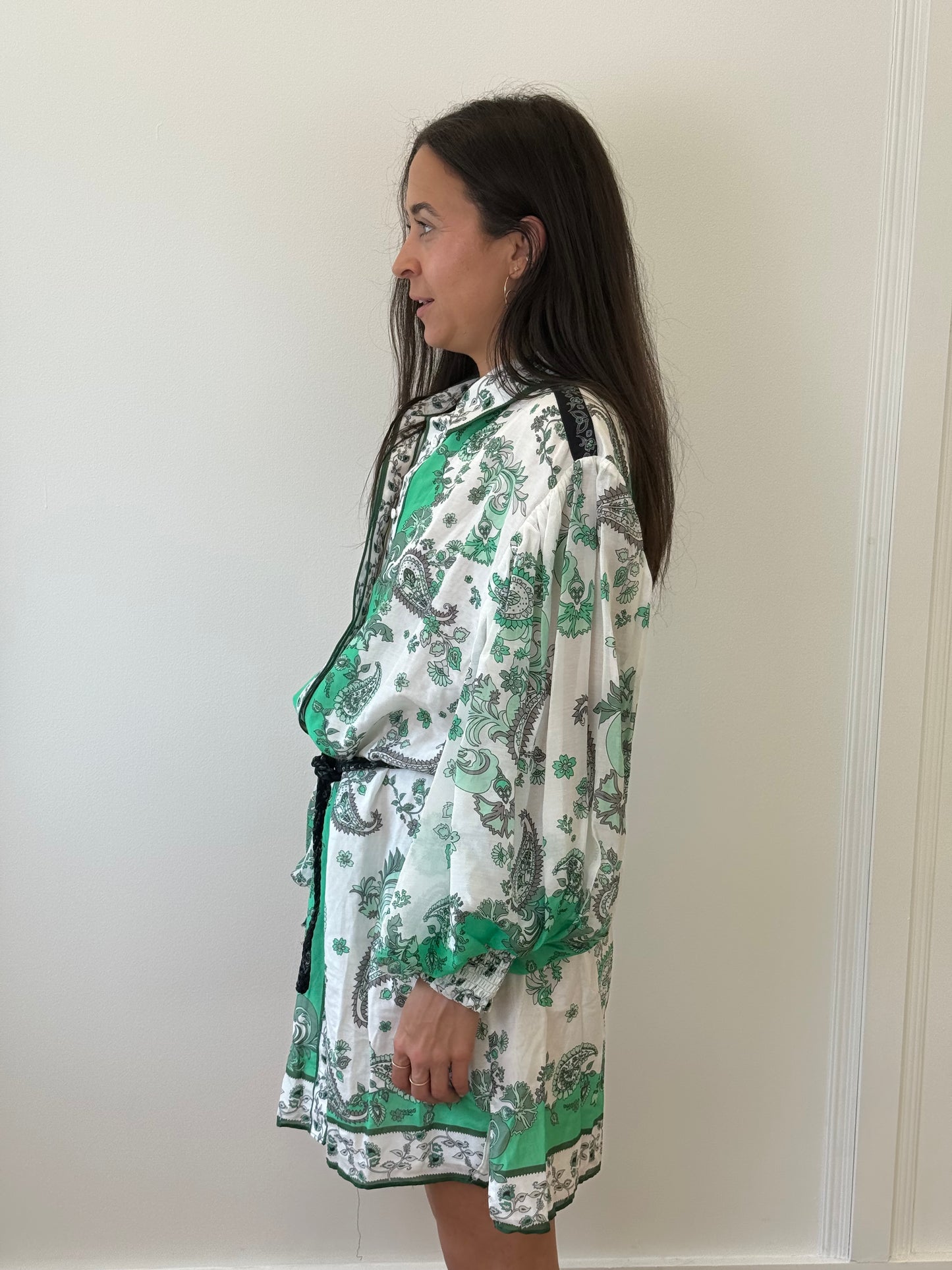 Alice + Olivia Green Paisley Shirt Dress with Plaited Belt (8)