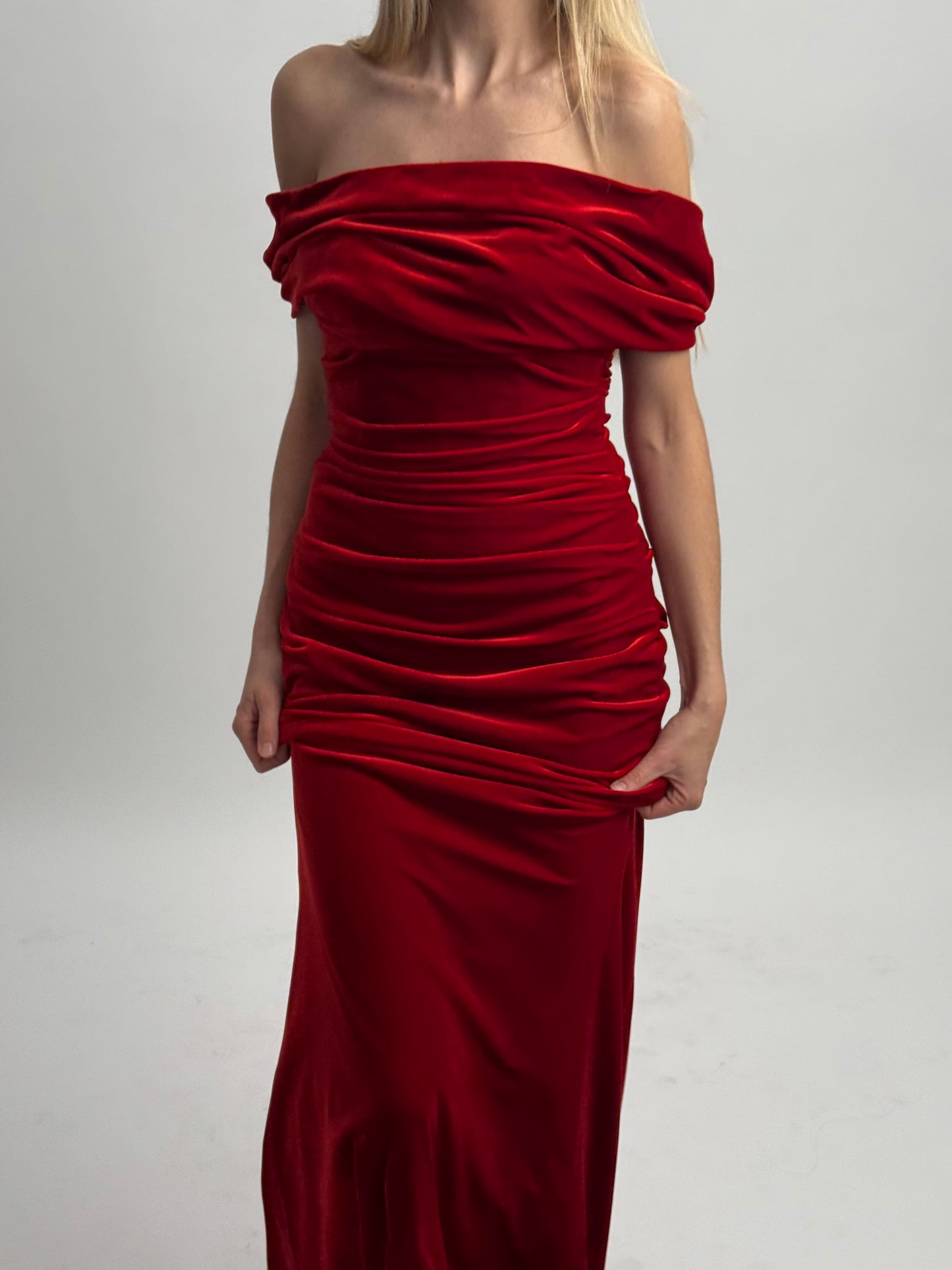 Talbot Runhof Velvet Full Length Gown with Tiered Ruching & Bodice - Red (Estimated Size Small)