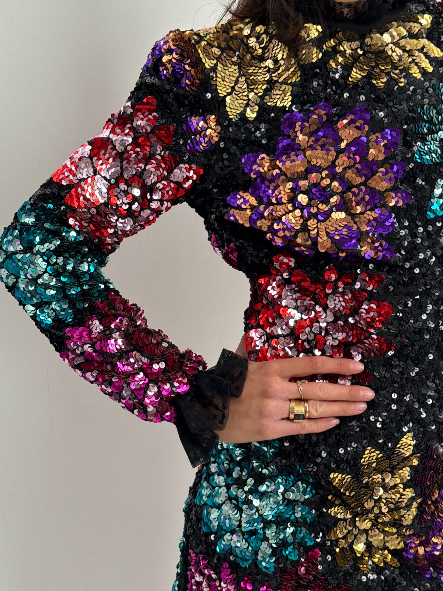 Millie Mackintosh All Over Flower Sequin Mini Dress with Ruffle Sleeve & Collar - Black & Multi (UK 8)