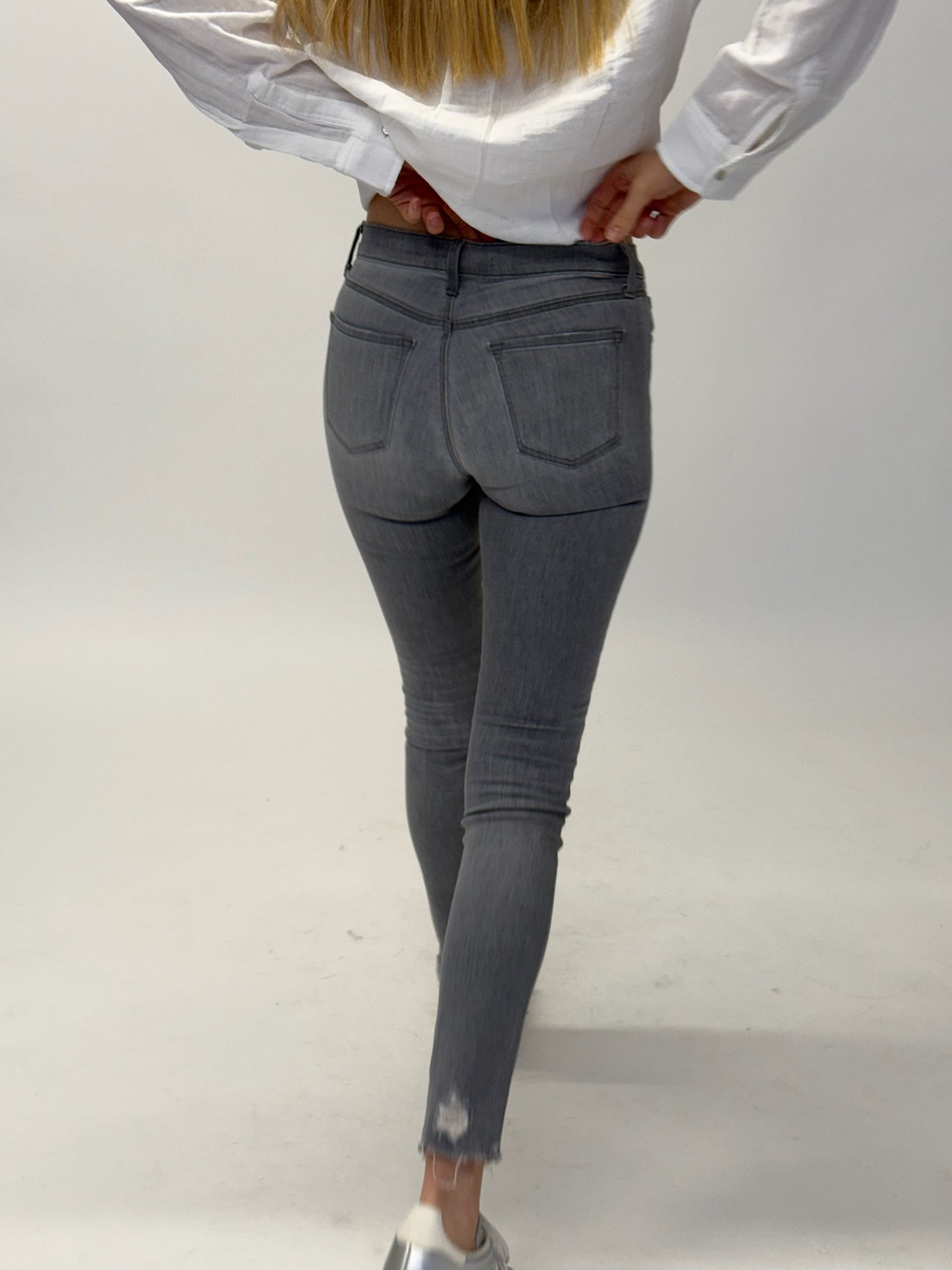 J Brand Mid Rise Skinny Jeans with Raw Hem & Tear Details - Grey (Size 25")