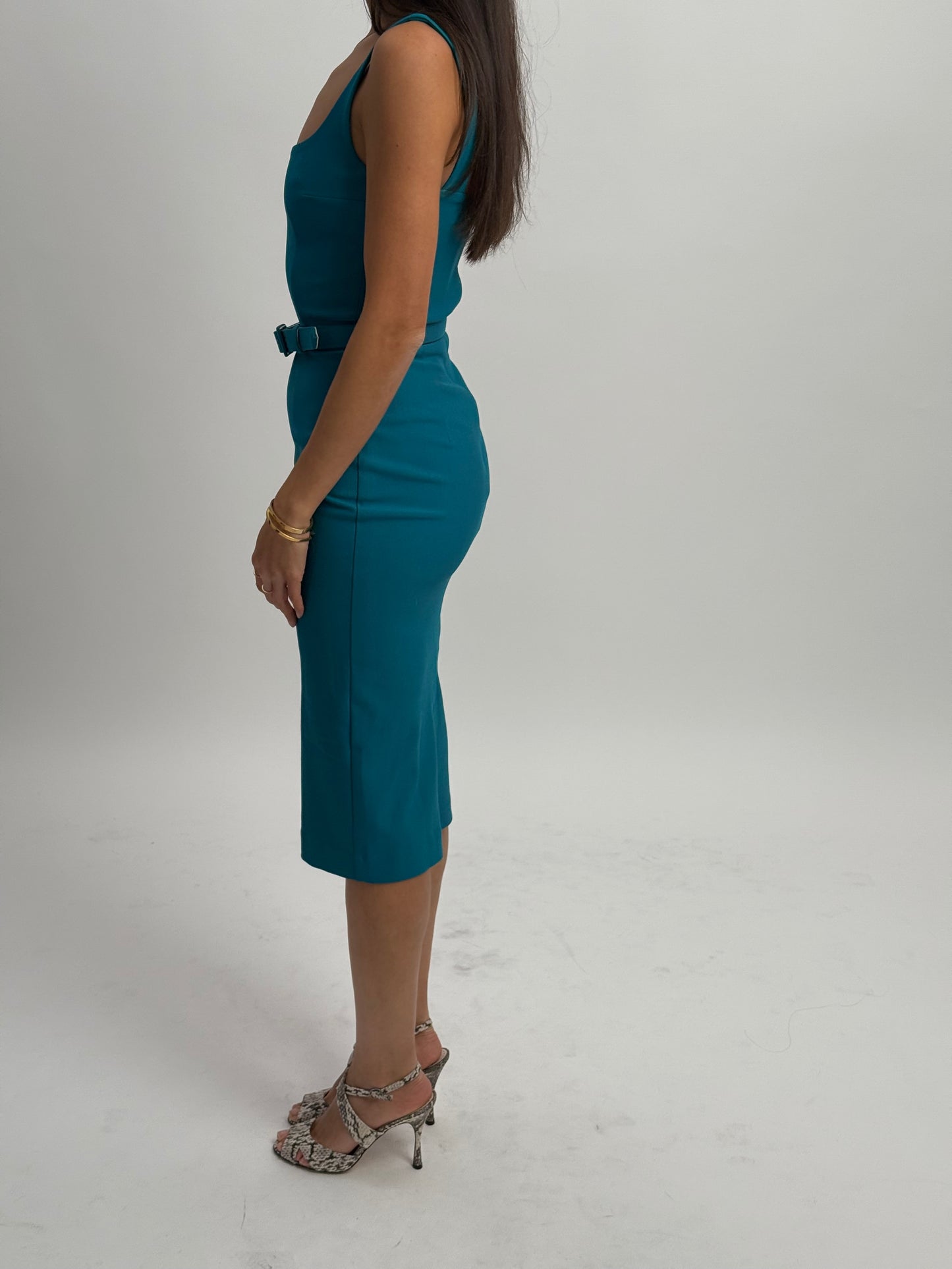 Zoe Vine Mid Length Dress with Pencil Skirt & Belted Waist - Turquoise (UK 8)