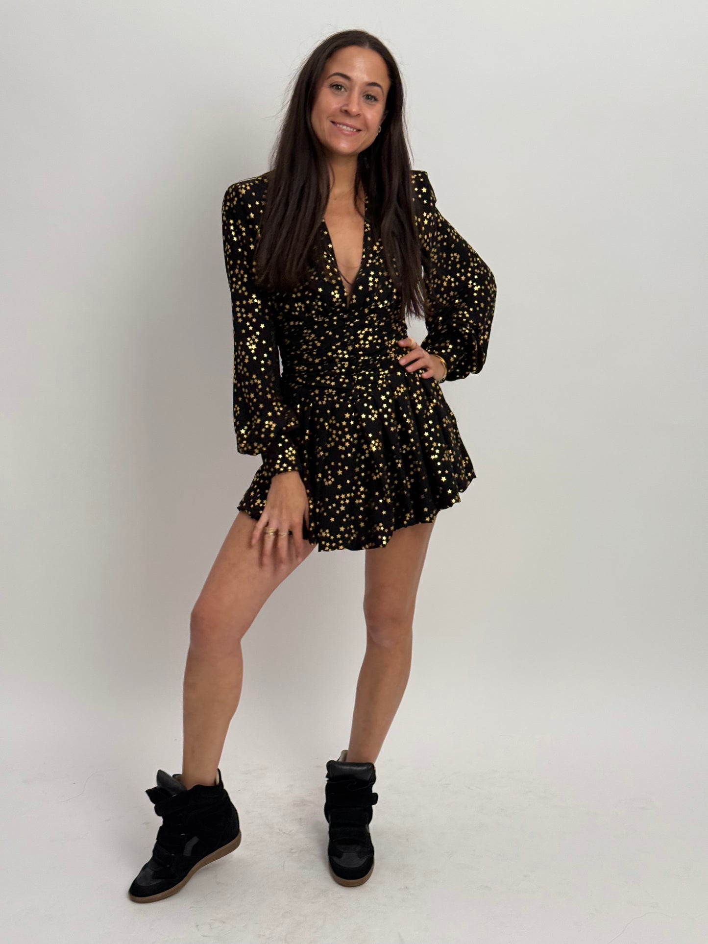 THE ATTICO Gathered Gold Star Mini Dress with Shoulder Pad & Cut Out Detail - IT 38