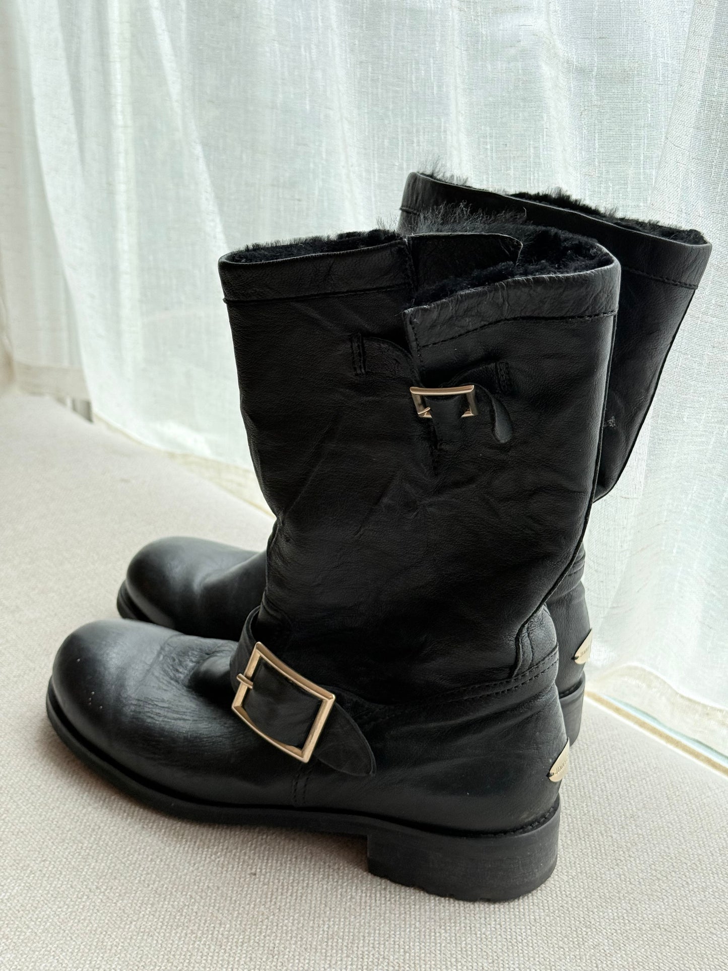 Jimmy Choo Mid-Calf Leather Boots with Fur Lining – Size 5