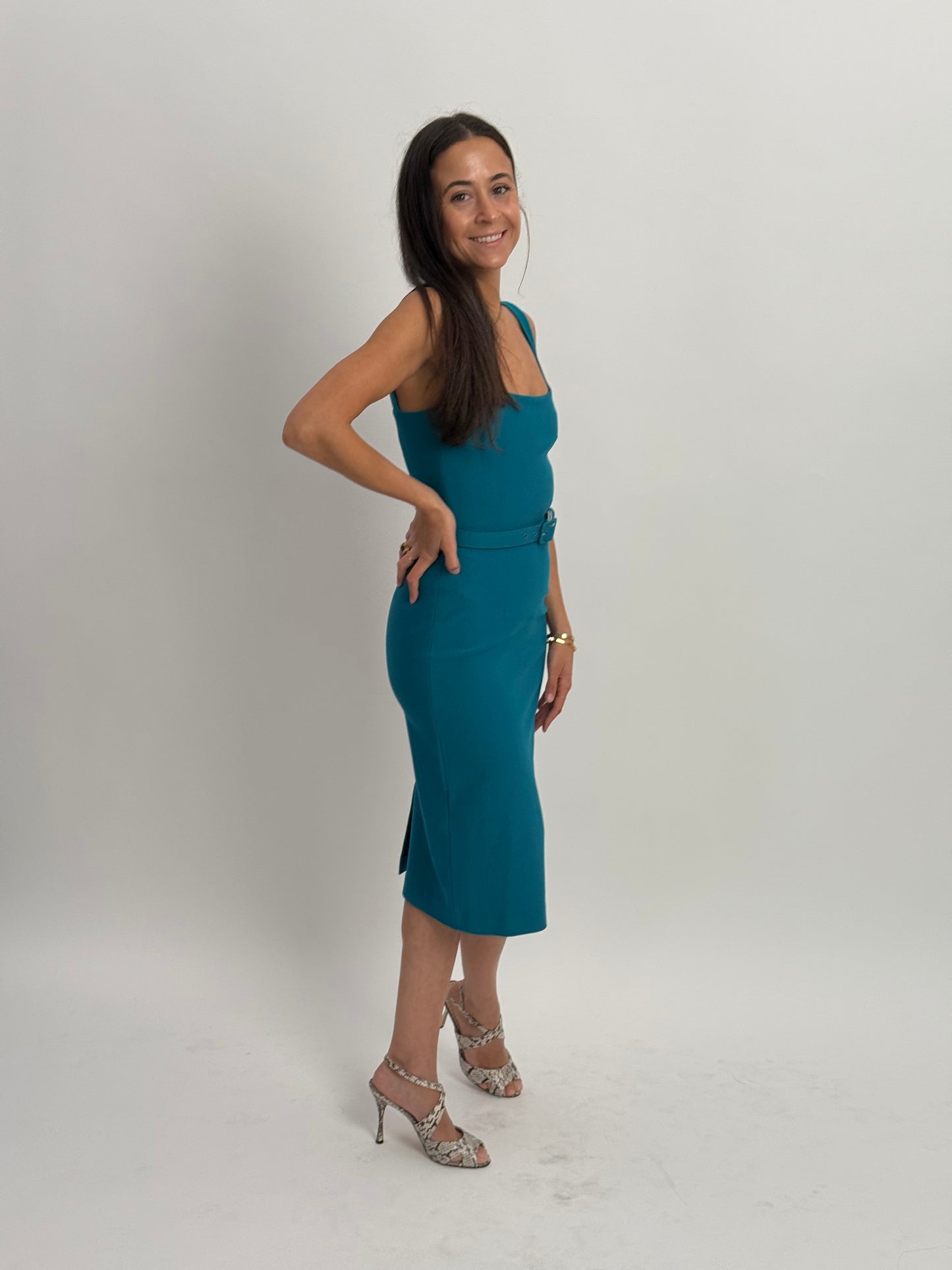 Zoe Vine Mid Length Dress with Pencil Skirt & Belted Waist - Turquoise (UK 8)