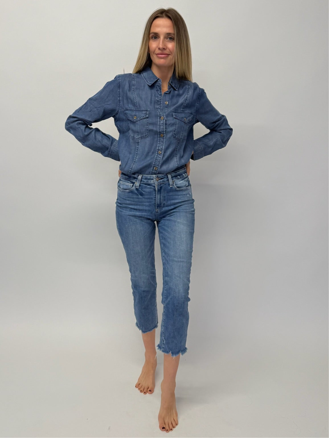 Paige Hoxton Cropped Straight Leg Jeans High Waist - Mid Blue (Size 26")