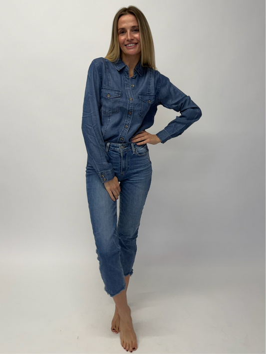 Paige Hoxton Cropped Straight Leg Jeans High Waist - Mid Blue (Size 26")