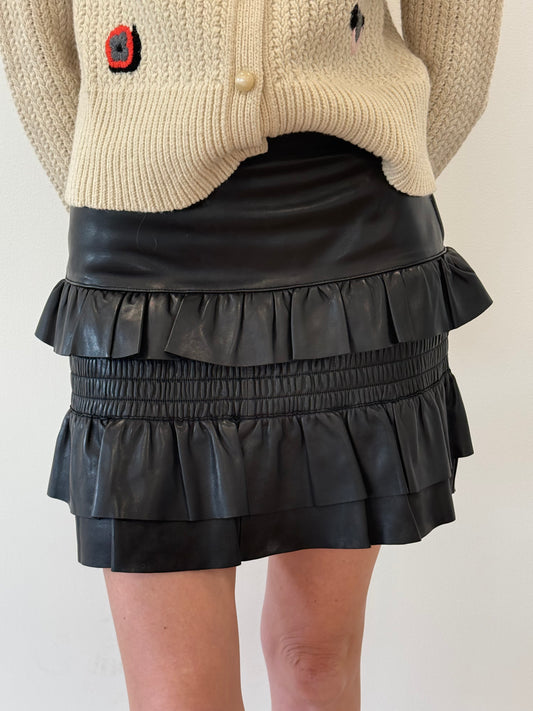 Maje Leather Ruffle Skirt - Black (Estimated Size 8)