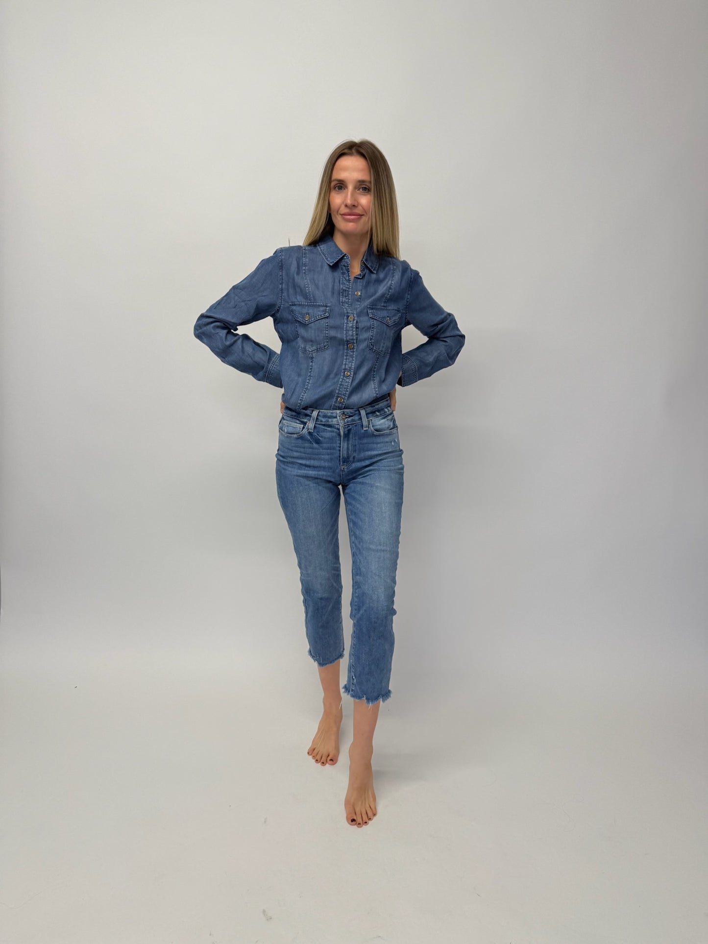 Paige Hoxton Cropped Straight Leg Jeans High Waist - Mid Blue (Size 26")