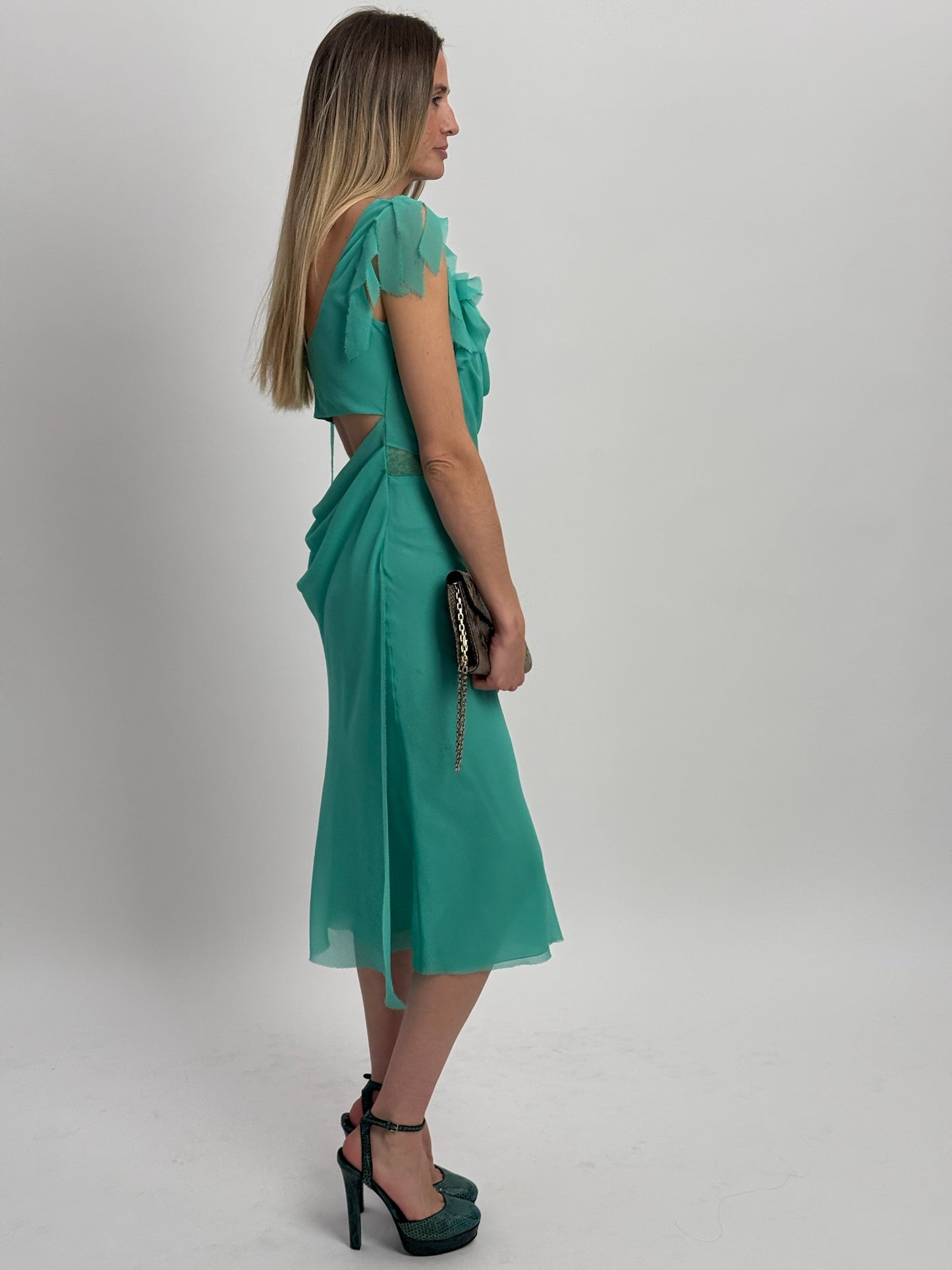 Nina Ricci Seafoam Midi Dress with Lace & Drape Details - Seafoam (Estimated Size Small)