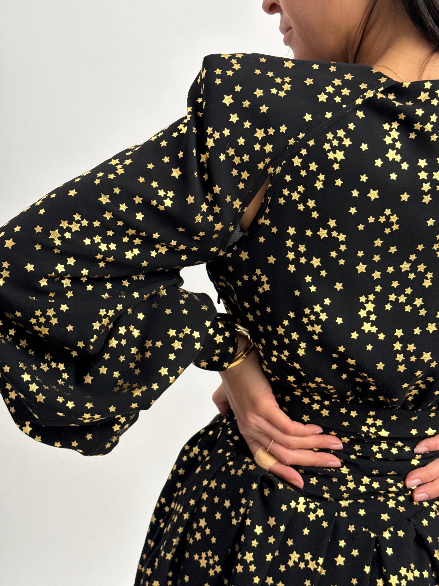 THE ATTICO Gathered Gold Star Mini Dress with Shoulder Pad & Cut Out Detail - IT 38