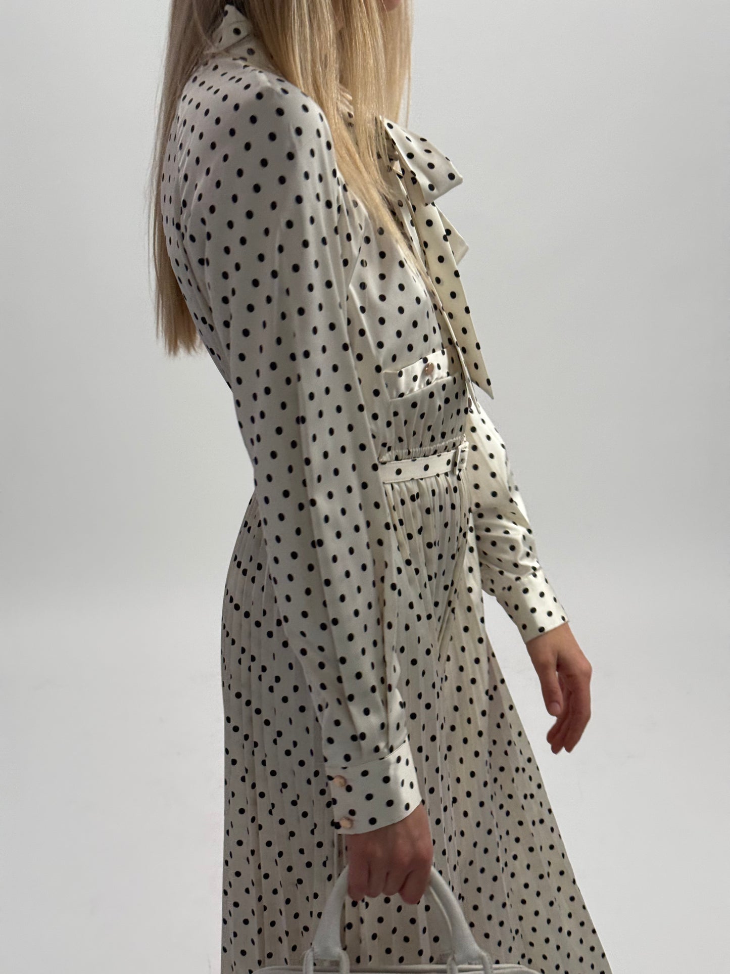 Self Portrait Polka Dot Maxi Dress with Pussy Bow Neckline & Detachable Belt - Black & White (UK 10)
