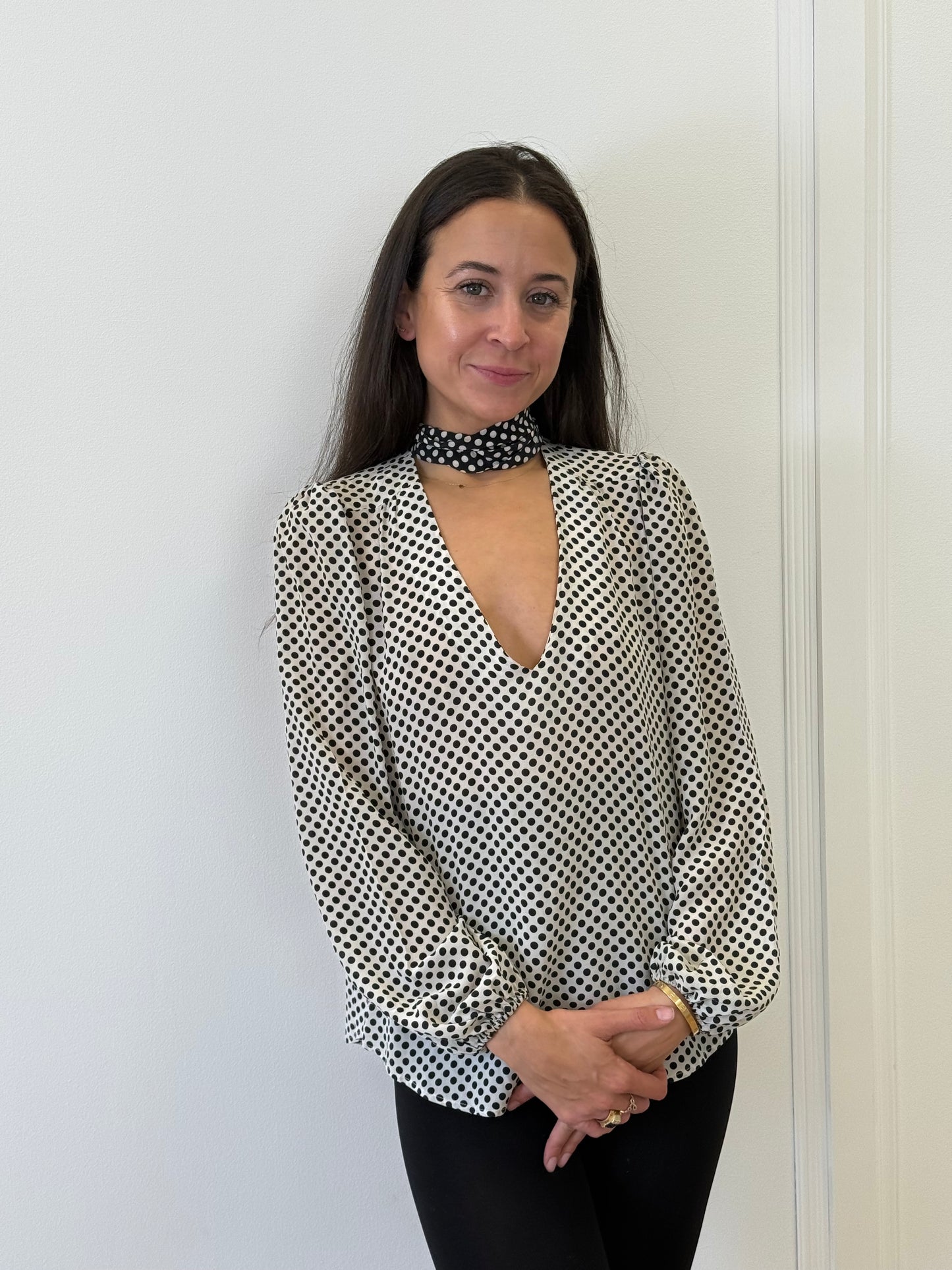 Rixo Spotty Pussy Bow Blouse - Black/White (Size S)