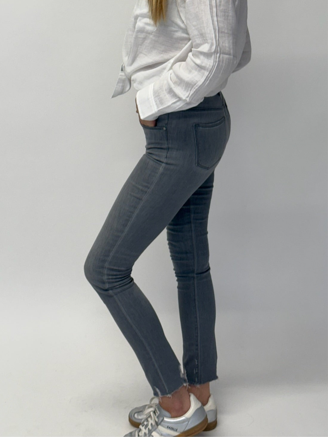 J Brand Mid Rise Skinny Jeans with Raw Hem & Tear Details - Grey (Size 25")