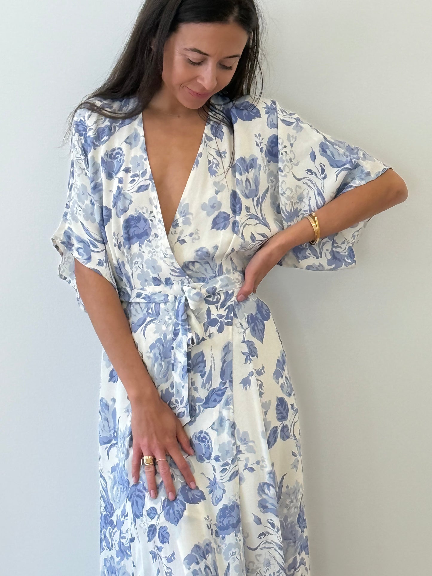 Reformation Blue Floral Wrap Around Dress - Blue (Estimated Size 10)