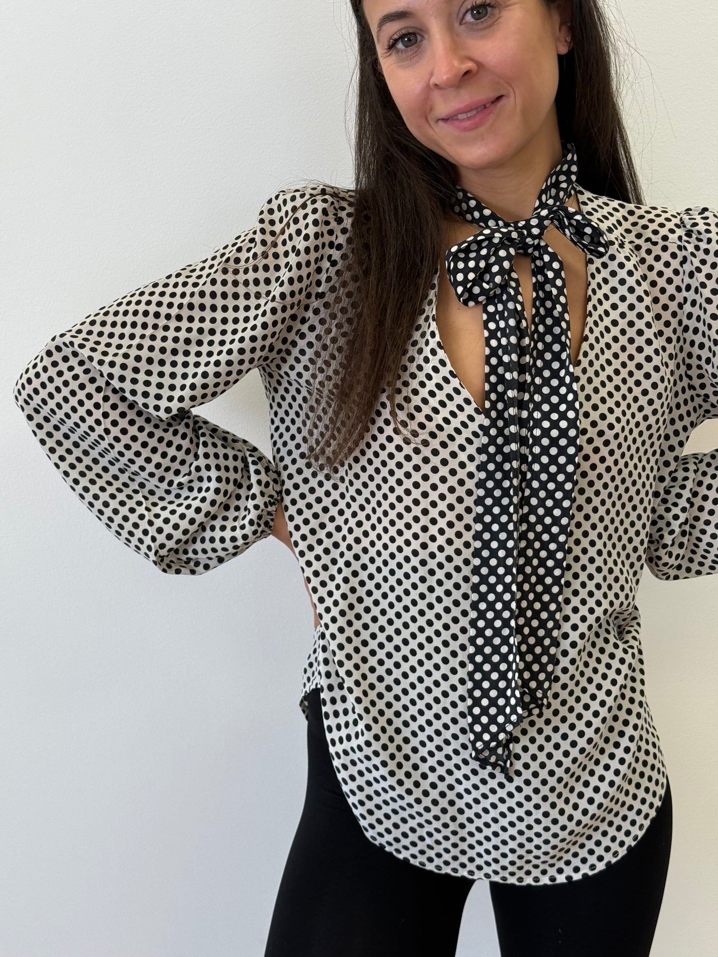 Rixo Spotty Pussy Bow Blouse - Black/White (Size S)