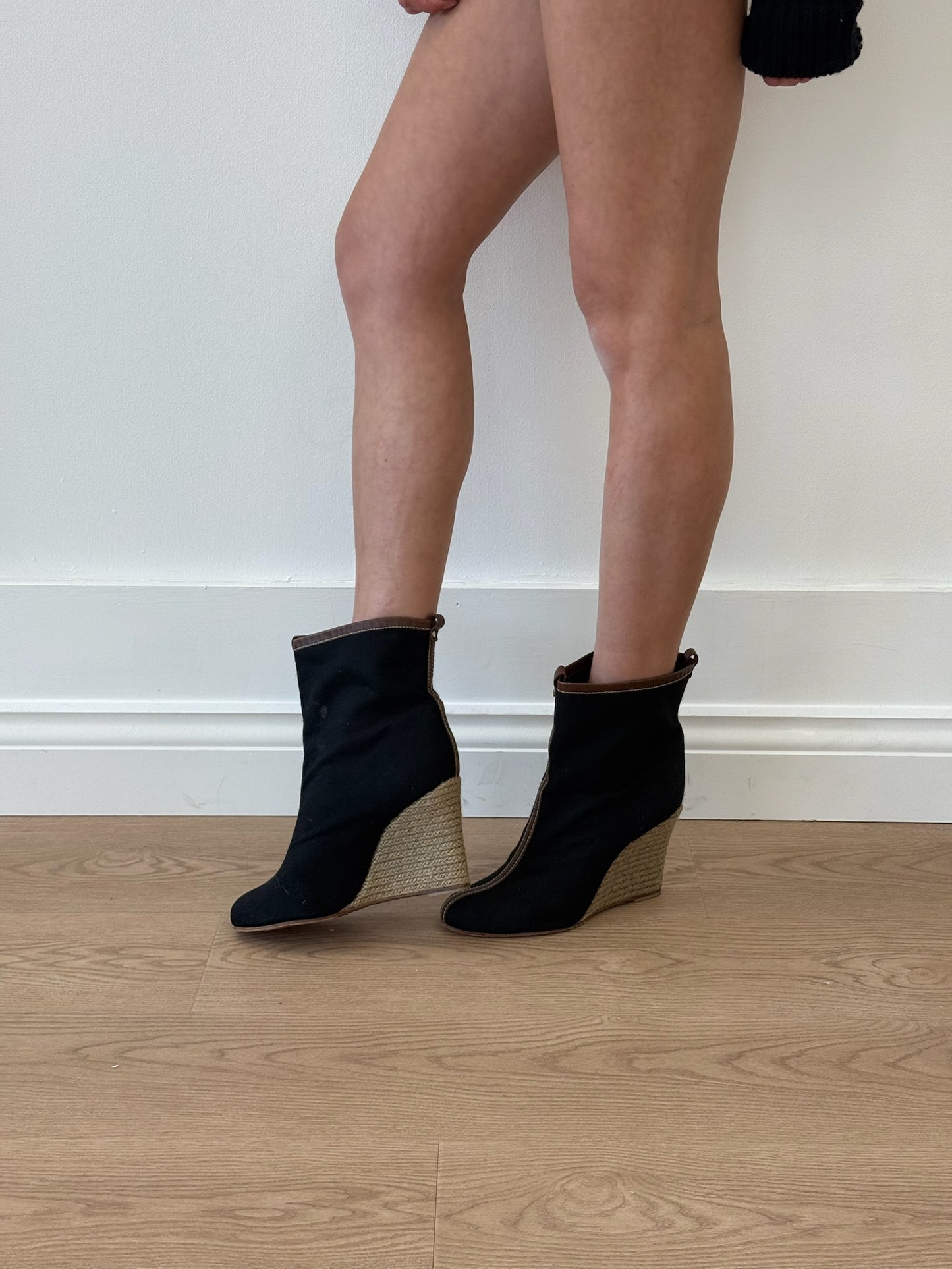 Christian Louboutin Felt Ankle Boot with Jute Wedge Heel - Black/Brown (Size 40)