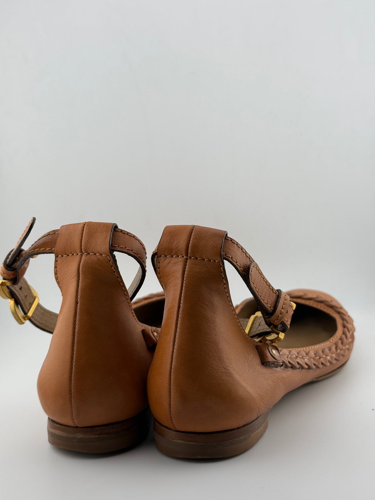 Chloe Bellet Flats with Ankle Strap & Plaited Trim - Tan (EUR 39.5)