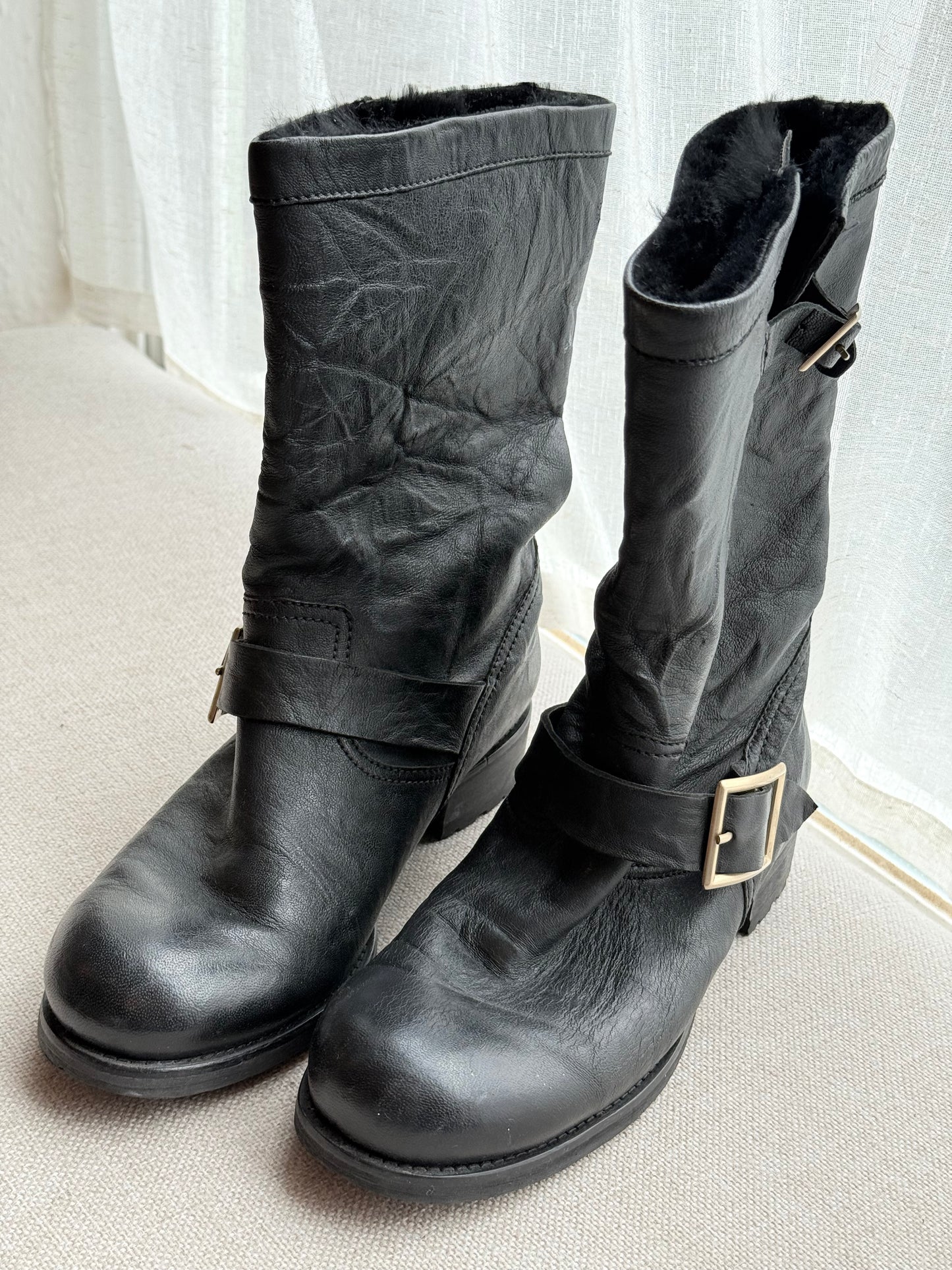Jimmy Choo Mid-Calf Leather Boots with Fur Lining – Size 5
