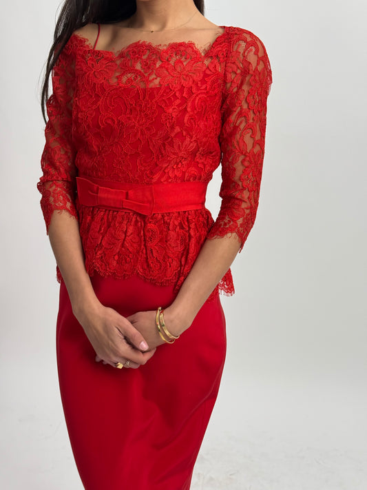 Marchesa Notte Lace Midi Dress - Red (Size 4)