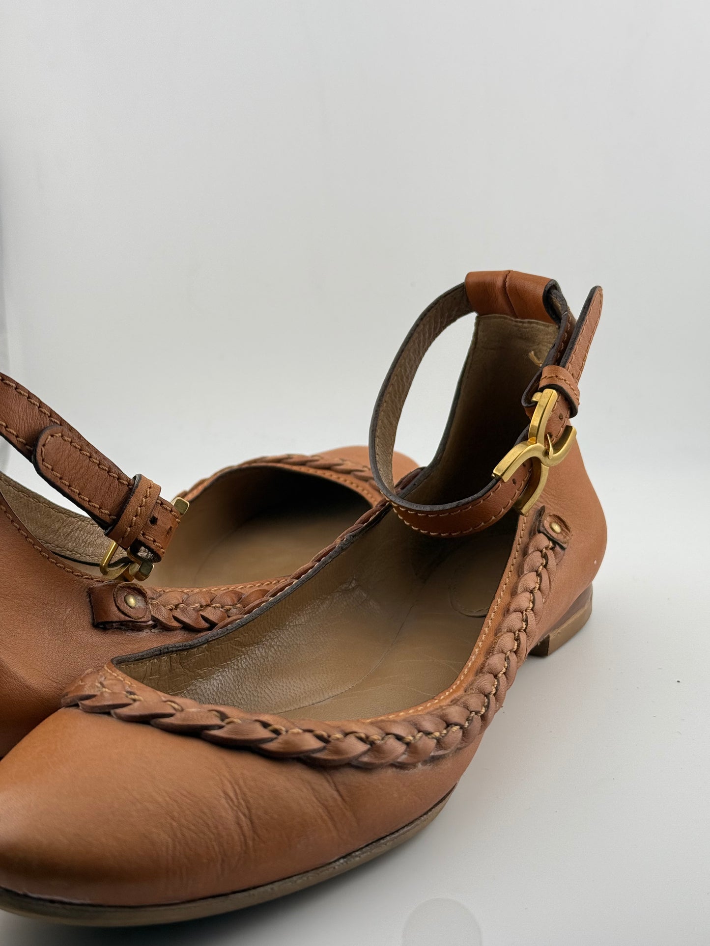 Chloe Bellet Flats with Ankle Strap & Plaited Trim - Tan (EUR 39.5)