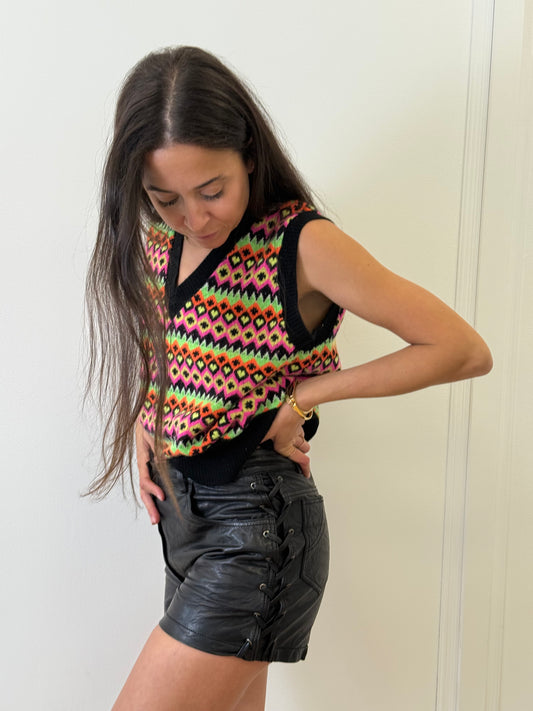 Maje Leather Shorts w Plaited Lace on Side - Black (Estimated Size 8)