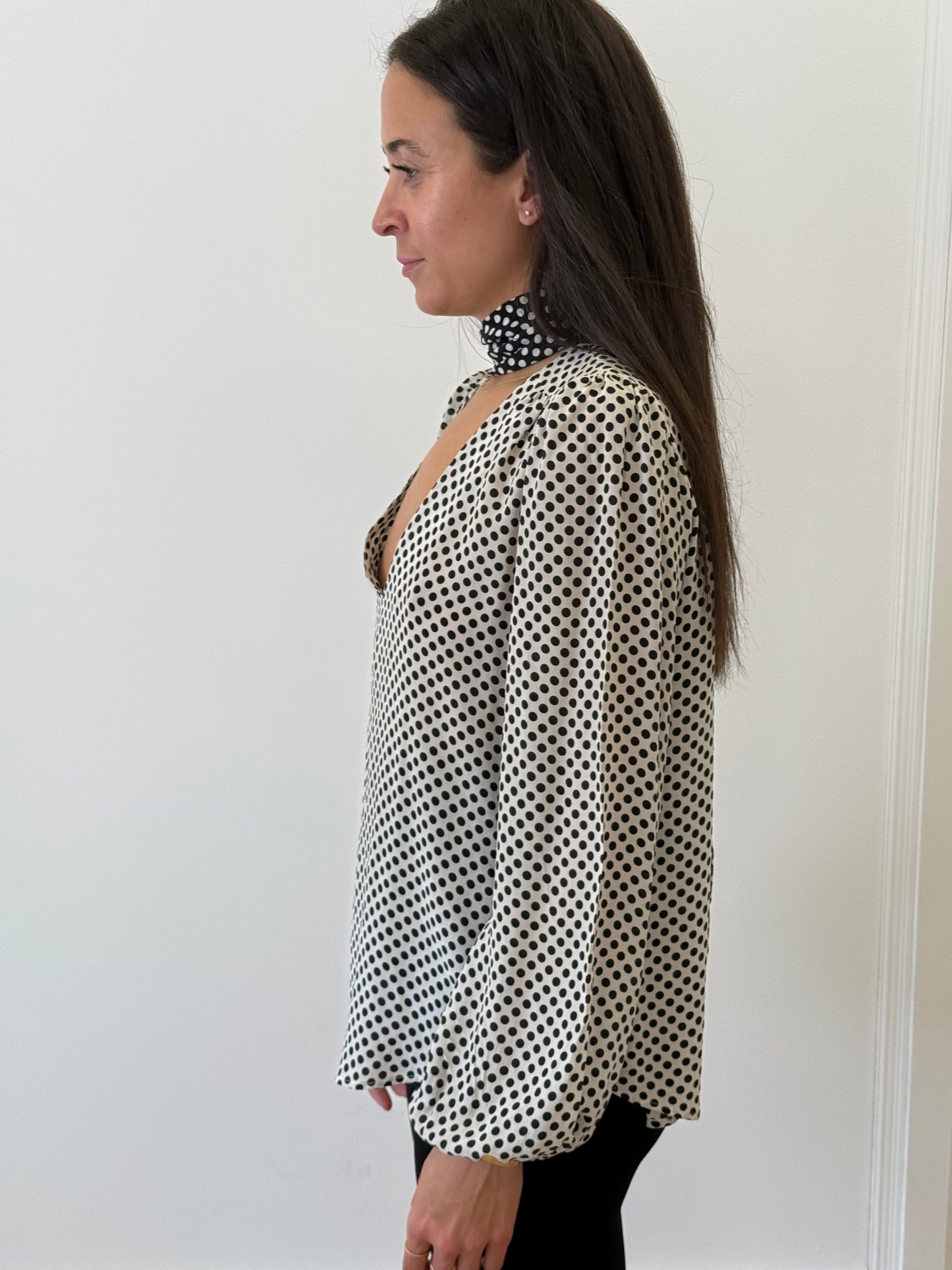 Rixo Spotty Pussy Bow Blouse - Black/White (Size S)