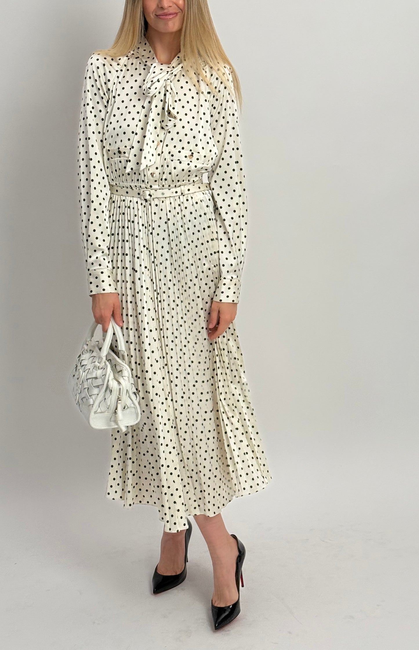 Self Portrait Polka Dot Maxi Dress with Pussy Bow Neckline & Detachable Belt - Black & White (UK 10)