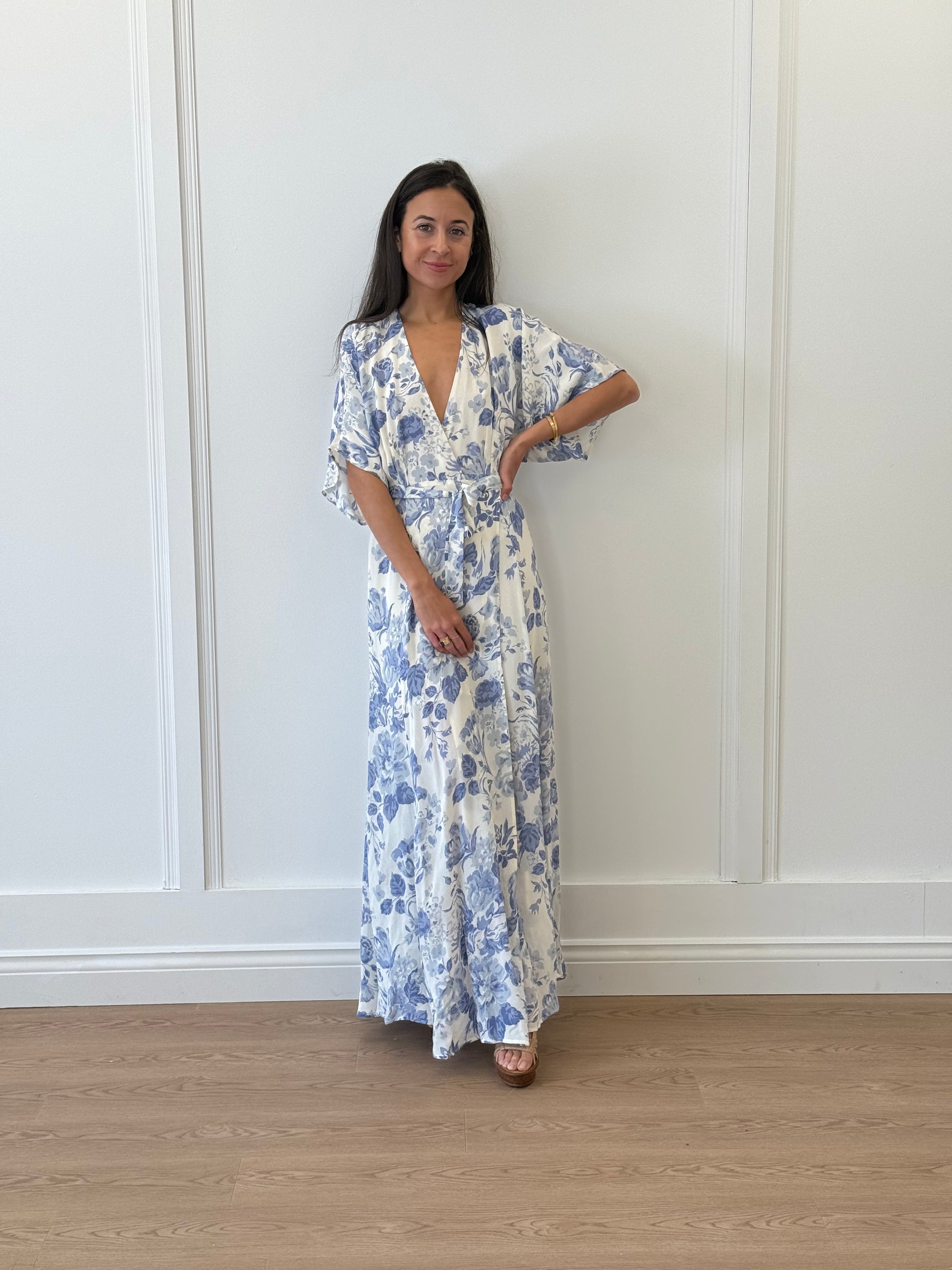 Reformation Blue Floral Wrap Around Dress Reformation Blue Floral Wrap Around Dress