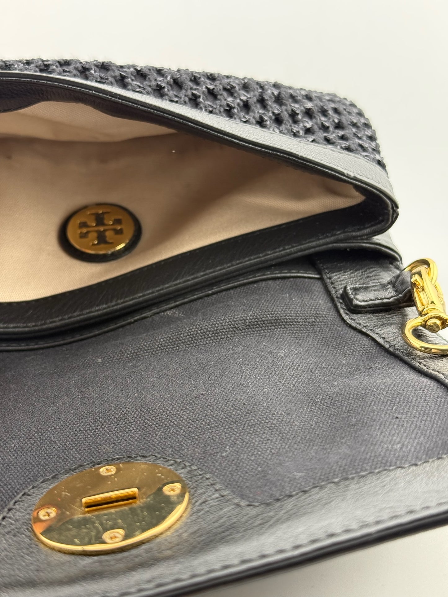 Tory Burch Woven Clutch with Cross Body Chain - Black (O/S)