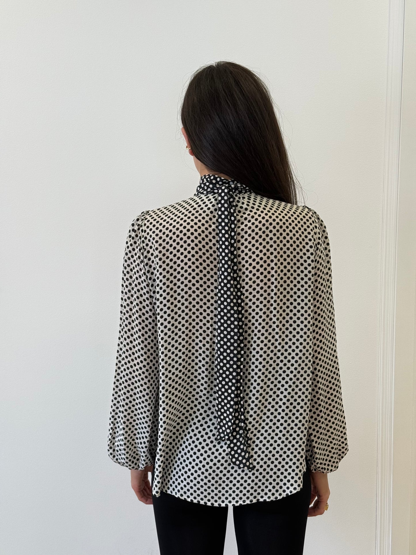 Rixo Spotty Pussy Bow Blouse - Black/White (Size S)