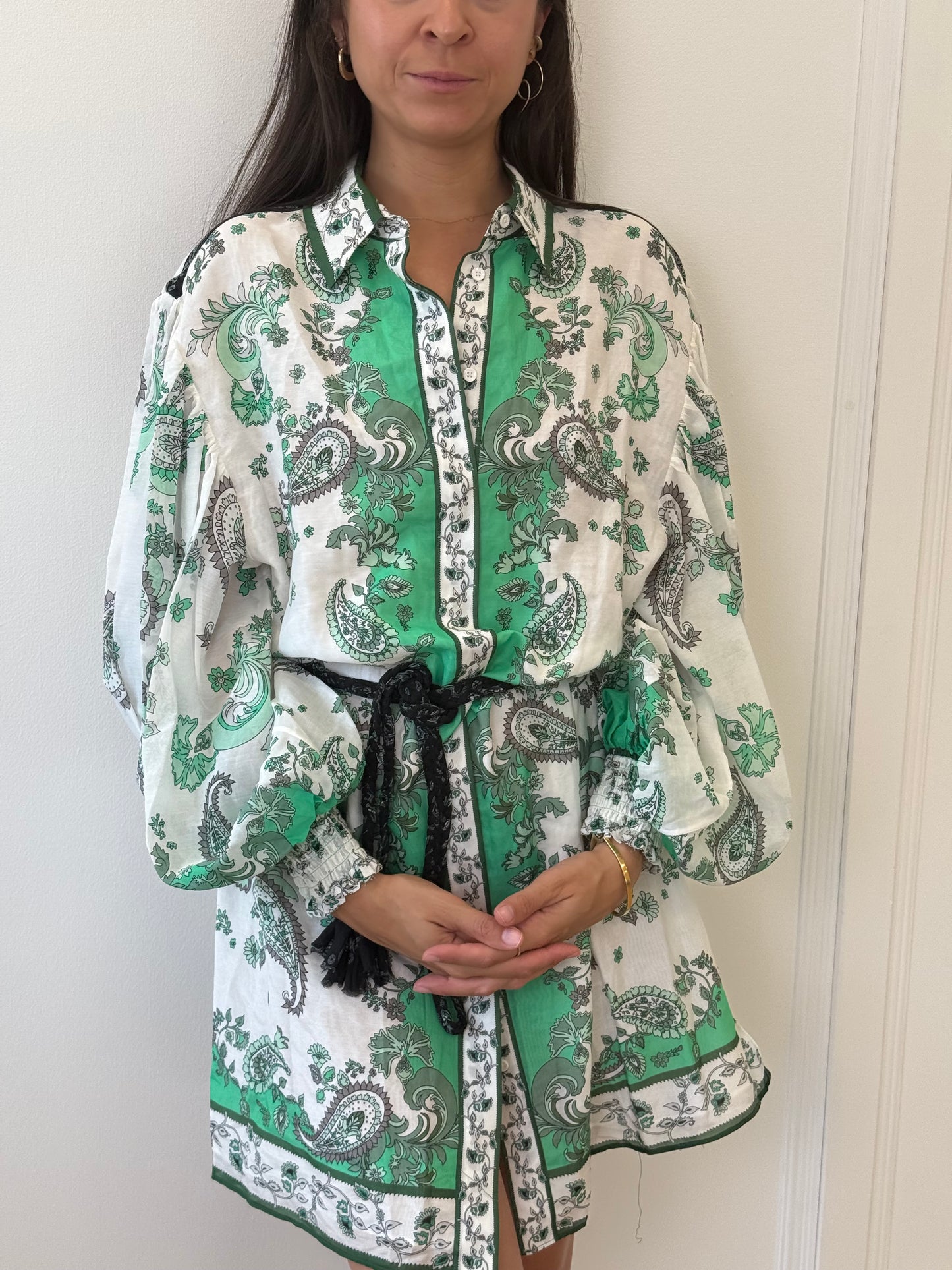 Alice + Olivia Green Paisley Shirt Dress with Plaited Belt (8)